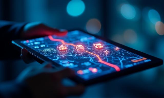 Datenvisualisierung von KI-gesteuerten Flottenrouten auf einem Tablet