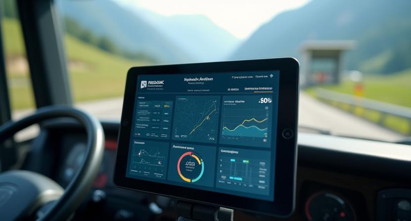 Ein Dashboard zeigt grafische Aufbereitungen von Flottendaten auf einem Tablet in einem LKW-Fahrerhaus