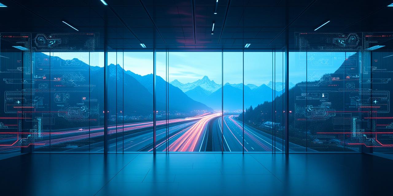 Ein modernes Logistikzentrum mit digitalen Overlays, die Datenströme und KI-Analysen visualisieren